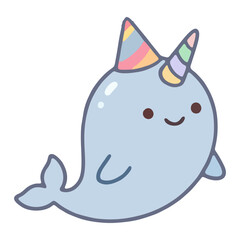 Cartoon Narwhal Wearing Colorful Striped Party Hat Illustration © priska
