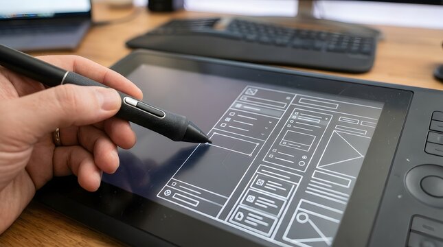 UI UX designer creating mobile app wireframes on a digital graphics tablet
