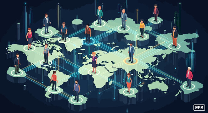 Global communication network with isometric people on world map.