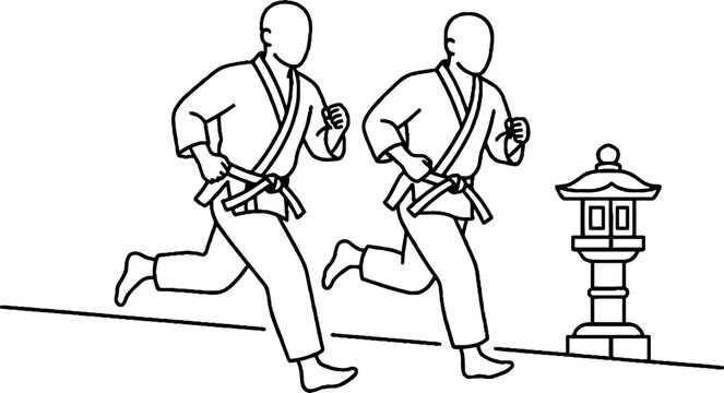 Two martial artists running in traditional uniforms near lantern.