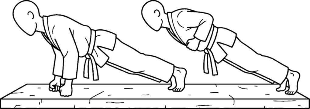 Two martial artists performing push up exercises in training.