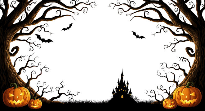 Halloween scene with pumpkins and haunted house