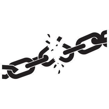 Broken metal chain symbol showing weak link or freedom concept with weakness connection strength