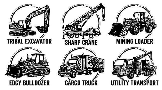 Set of six vintage construction vehicle illustrations with circular frames.
