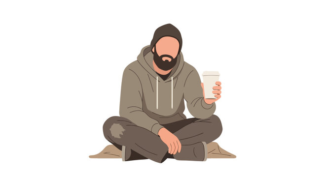 Homeless man sitting on the ground begging for money with a paper cup