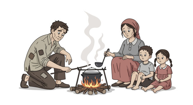 Poor Family Cooking Meal Over Campfire Illustration