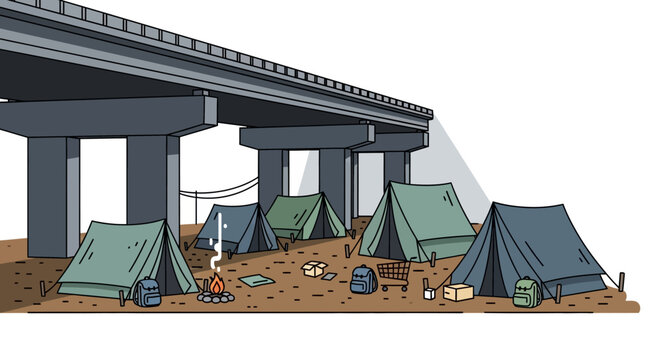 Homeless tent encampment under urban highway bridge