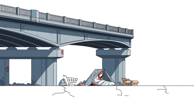Homeless Person Living in a Makeshift Shelter Under a Concrete Bridge