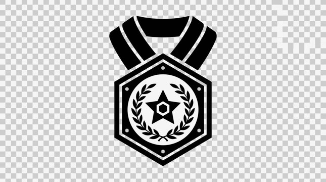 Black hexagonal badge icon with star and wreath.