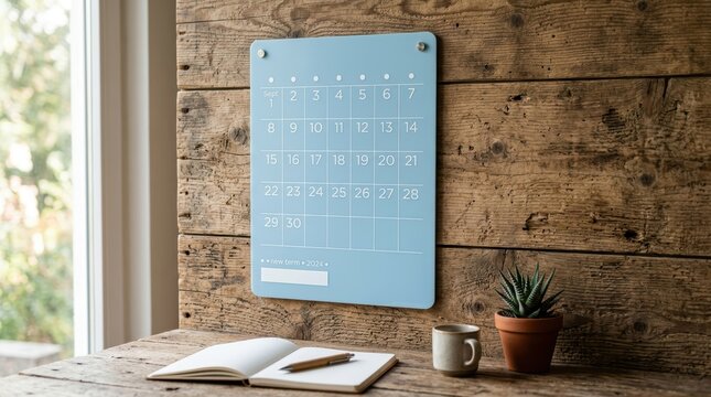 Modern Blue Magnetic Weekly Planner Board on Wooden Wall.