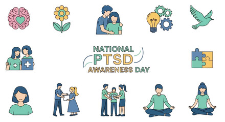 Fototapeta premium National PTSD Awareness Day icons symbolizing mental health support, healing, and community connection for veterans