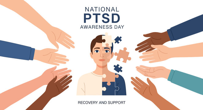 National PTSD Awareness Day promotes recovery and support with diverse hands reaching out to a person pieced together