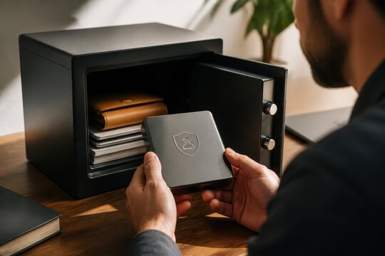 Secure home safe with man storing valuables and documents