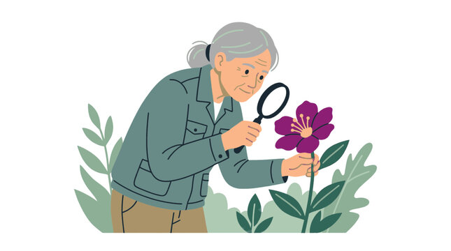 Elderly Person Examines a Flower with a Magnifying Glass
