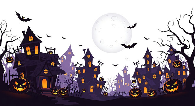 Pixel art haunted houses with bats and full moon