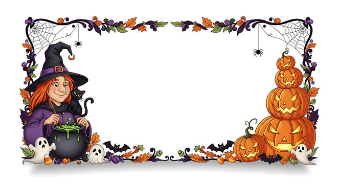 Halloween frame with witch and pumpkins