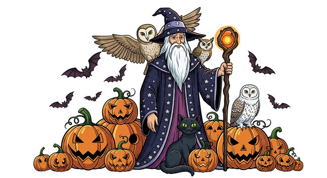 Pixel art wizard with jack o lanterns and bats