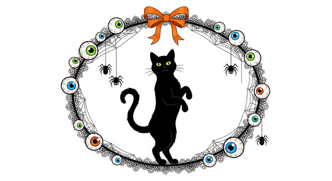 Black cat in halloween wreath with orange bow