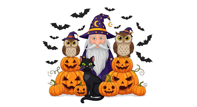 Halloween wizard with jack o lanterns and bats
