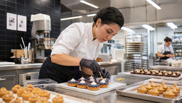 A focused pastry chef in a white coat and black gloves uses tweezers to apply gold leaf to gourmet tarts on a stainless steel prep table in a bright professional kitchen.