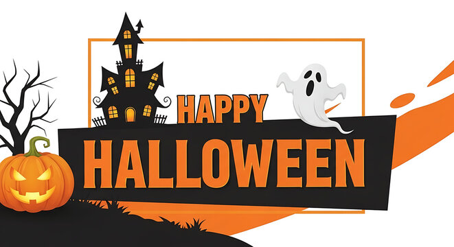 Happy halloween pixel art banner with ghost pumpkin
