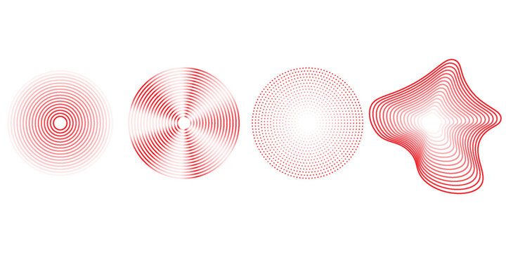 Red concentric ripple circles set. Sonar or sound wave rings collection. Epicentre, target, radar icon concept. Radial signal or vibration elements. Halftone vector illustration