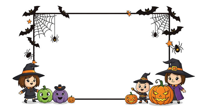 Halloween kids frame with witch hats and pumpkins