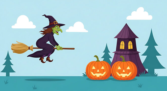 Green witch flying on broomstick with pumpkins and haunted house