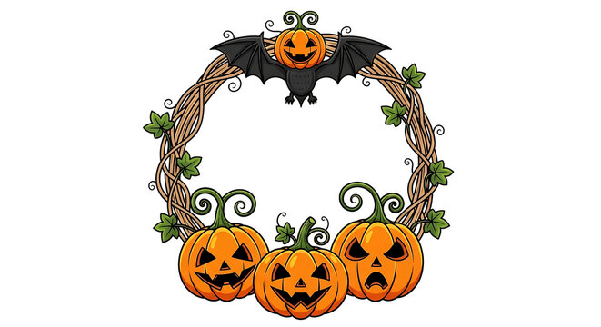 Halloween wreath with jack-o-lantern pumpkins and bat
