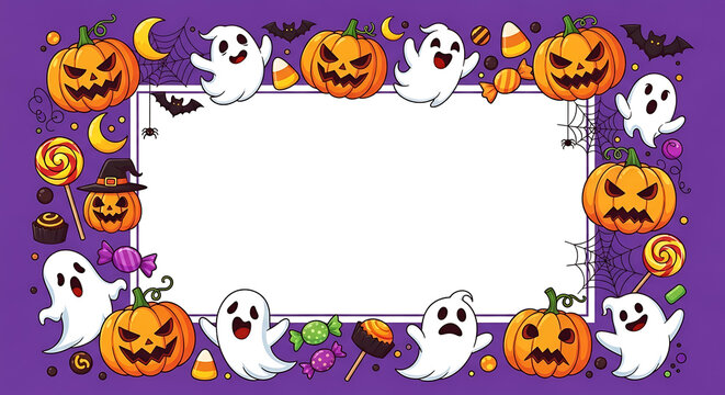 Halloween border with ghosts and pumpkins