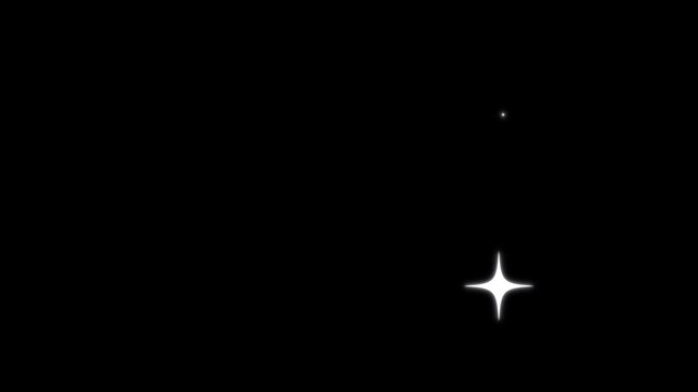 Twinkling stars animation, glowing white sparkle effects, cartoon flat vector doodles, magical glitter explosion, retro blinking light trails, seamless black screen chroma key background, 4K