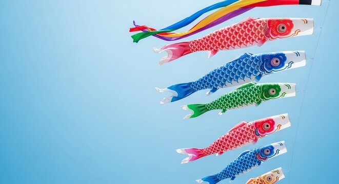 Traditional carp streamers flutter gently in a light breeze against a clear blue sky, evoking a sense of peaceful tranquility and calm, outdoors, koinobori, decoration