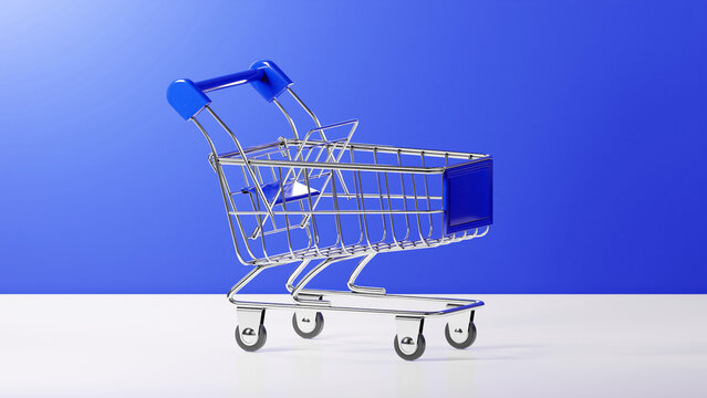 A 3D shopping basket or trolley with an aluminum frame and Blue Ryb upholstery is placed on a White base with a Blue Ryb background