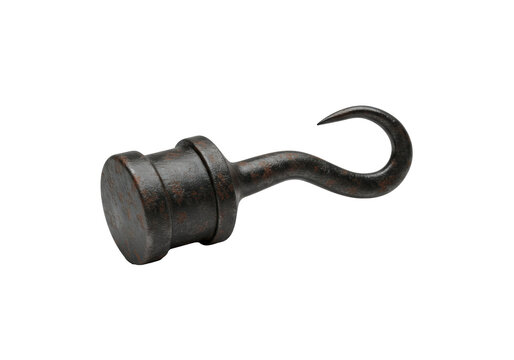 A hyper-detailed 3d render of a classic pirate's hook made of weathered metal, isolated on a transparent background. Concept of historical adventure and piracy.