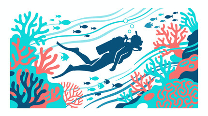 Naklejka premium Scuba Diver Explores Vibrant Coral Reef with Schools of Fish