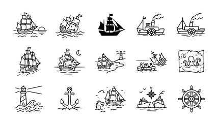 Obraz premium Nautical Icons: Sailing Ships, Steamships, Lighthouse, Anchor, Compass, Steering Wheel, Map