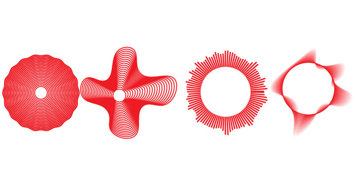 Red concentric ripple circles set. Sonar or sound wave rings collection. Epicentre, target, radar icon concept. Radial signal or vibration elements. Halftone vector illustration