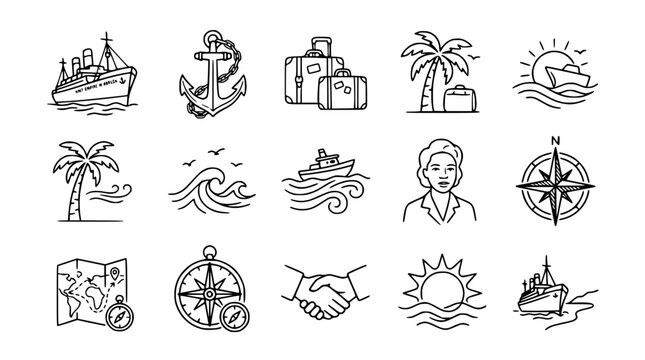 Travel and Adventure Icons: Ship, Anchor, Luggage, Palm Tree, Map, Compass, Handshake