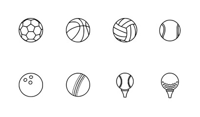 Fototapeta premium Black and white sports ball outline icon collection vector isolated on white background