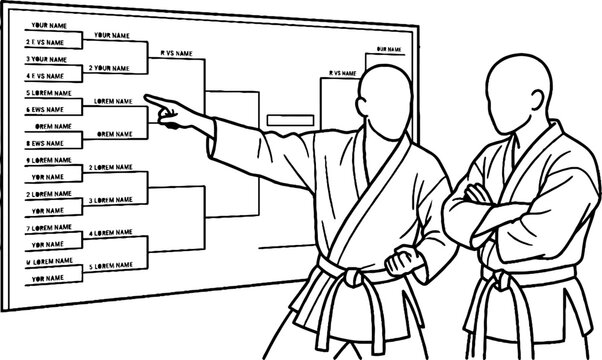 Martial artists discussing tournament bracket on whiteboard.