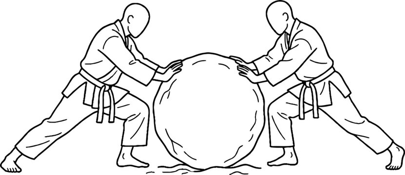 Two martial artists pushing a large stone wheel together.