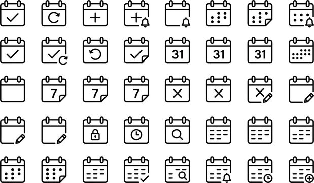 Calendar schedule and agenda planner line icon set with appointment date reminder check mark clock lock search and time management symbols