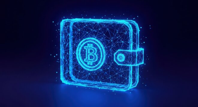 Digital bitcoin wallet icon made of glowing blue neon lines illustration futuristic
