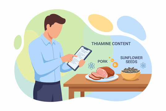 Man Checking Thiamine Vitamin B1 Content in Pork and Sunflower Seeds