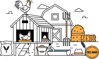 Free Range Chicken Farm Illustration with Hen Coop, Eggs, Barnyard Animals and Rural Farmhouse Line Art © SAIF820