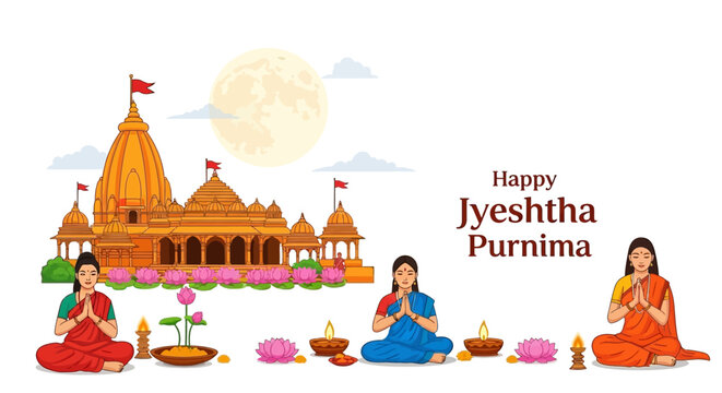 Celebrate happy Jyeshtha Purnima with devotional prayers and offerings at a grand temple under the full moon