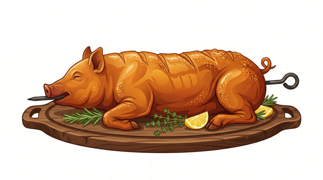Roasted suckling pig served on wooden board with lemon and herbs