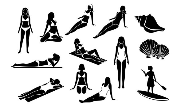 Set of girls on the beach silhouettes. Black vector icons of women in swimsuits sunbathing, paddleboarding and posing