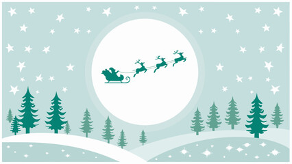 Santa claus and reindeer sleigh illustration with winter landscape backdrop © Tapash