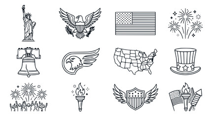 USA patriotic symbols icons set, Statue of Liberty, American flag, eagle, fireworks, liberty bell © Embun